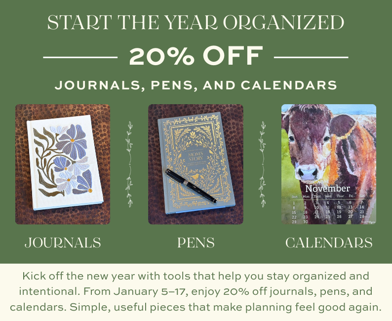 Start the Year Organized promotion featuring journals, pens, and illustrated calendars available at a seasonal discount