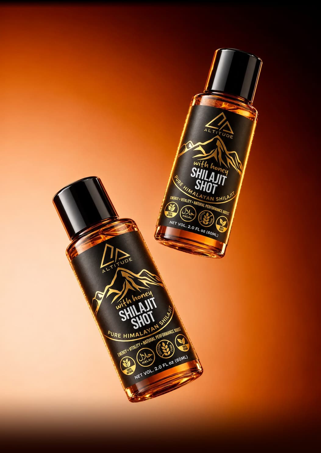 Two Altitude Shilajit Shot bottles in warm amber light