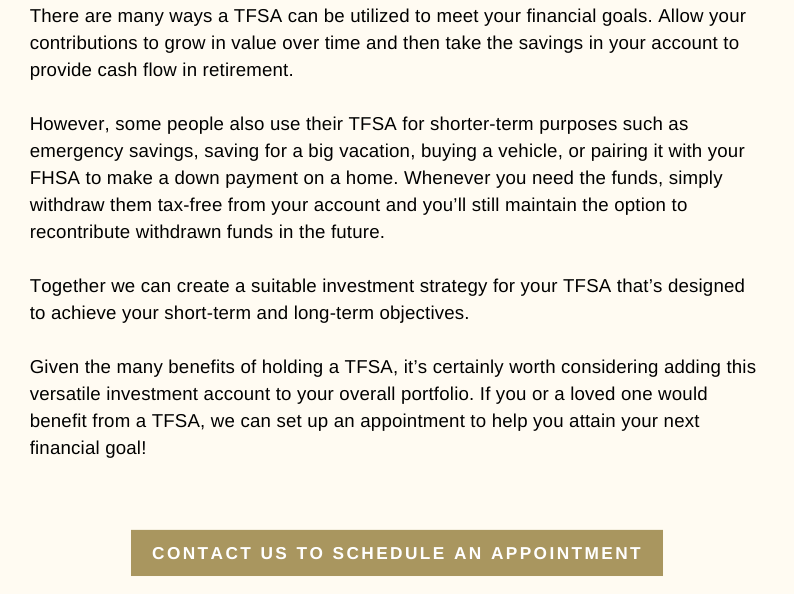 Contact us to schedule an appointment for a TFSA