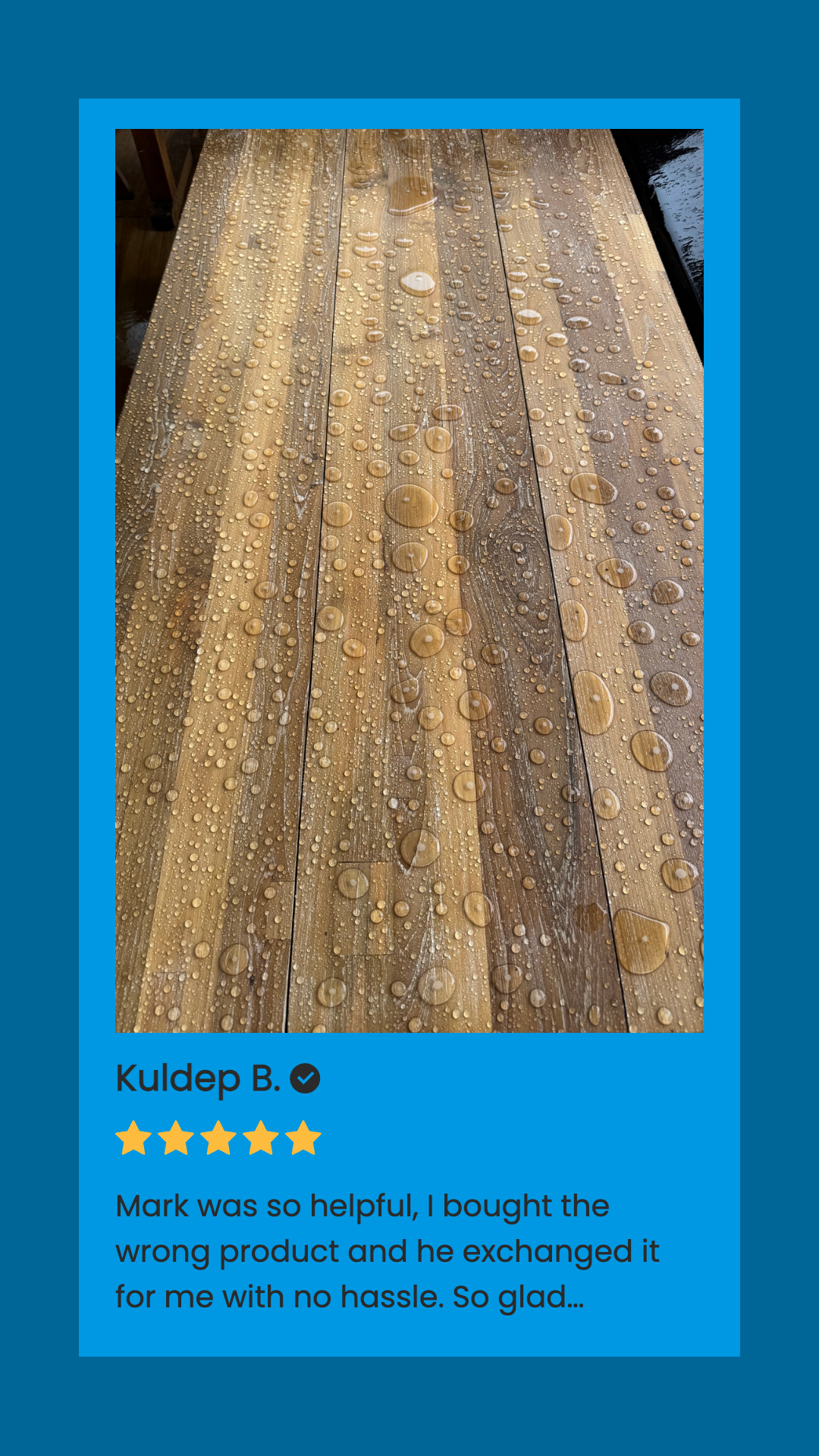 Product review with photo of table with water beading because of Semco Clear Coat has been applied