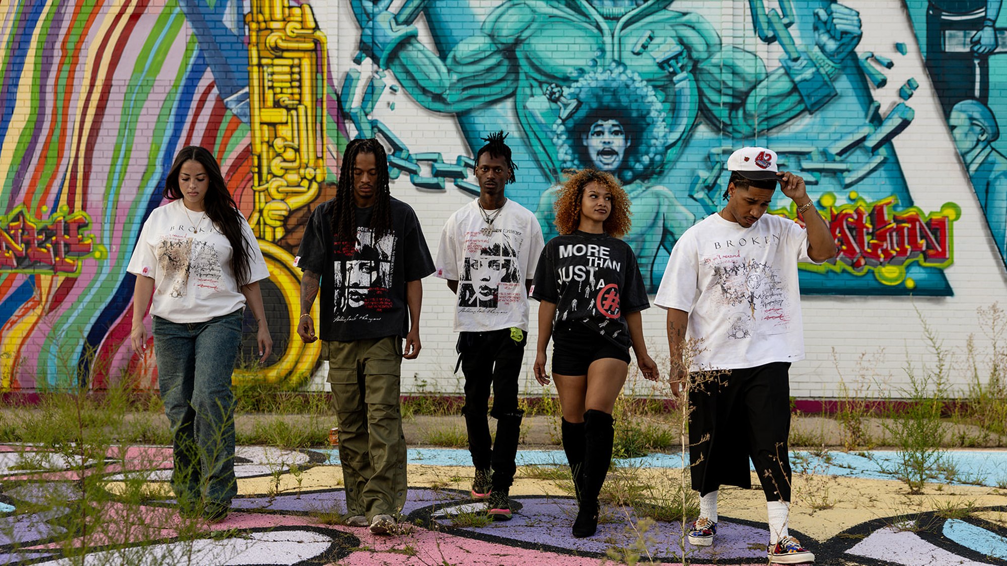 Five people wearing Brokenumbers, photographed at 49th and Indiana, Chicago