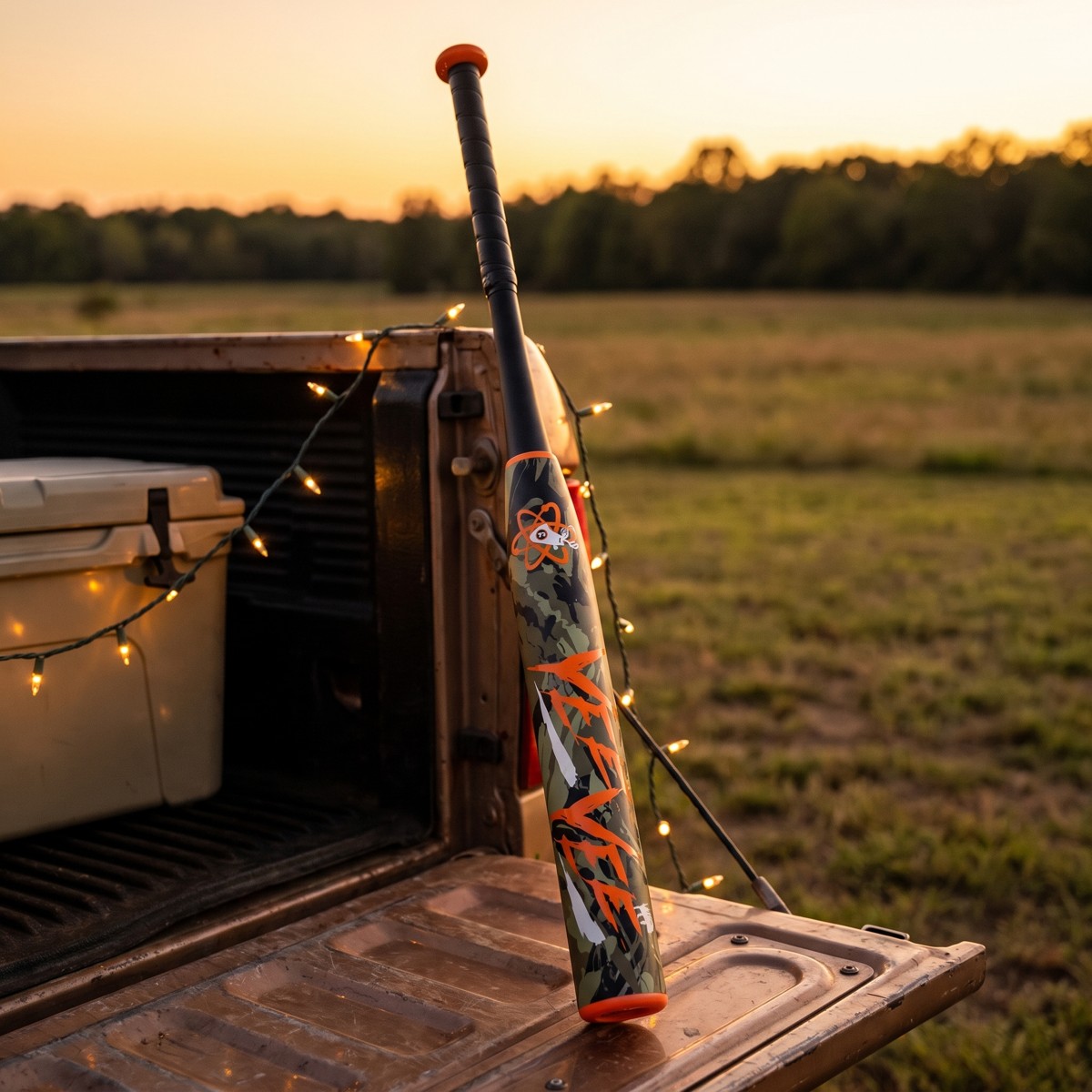 The Series 4 Yee Yee camo bat standing on a truck tailgate at dusk