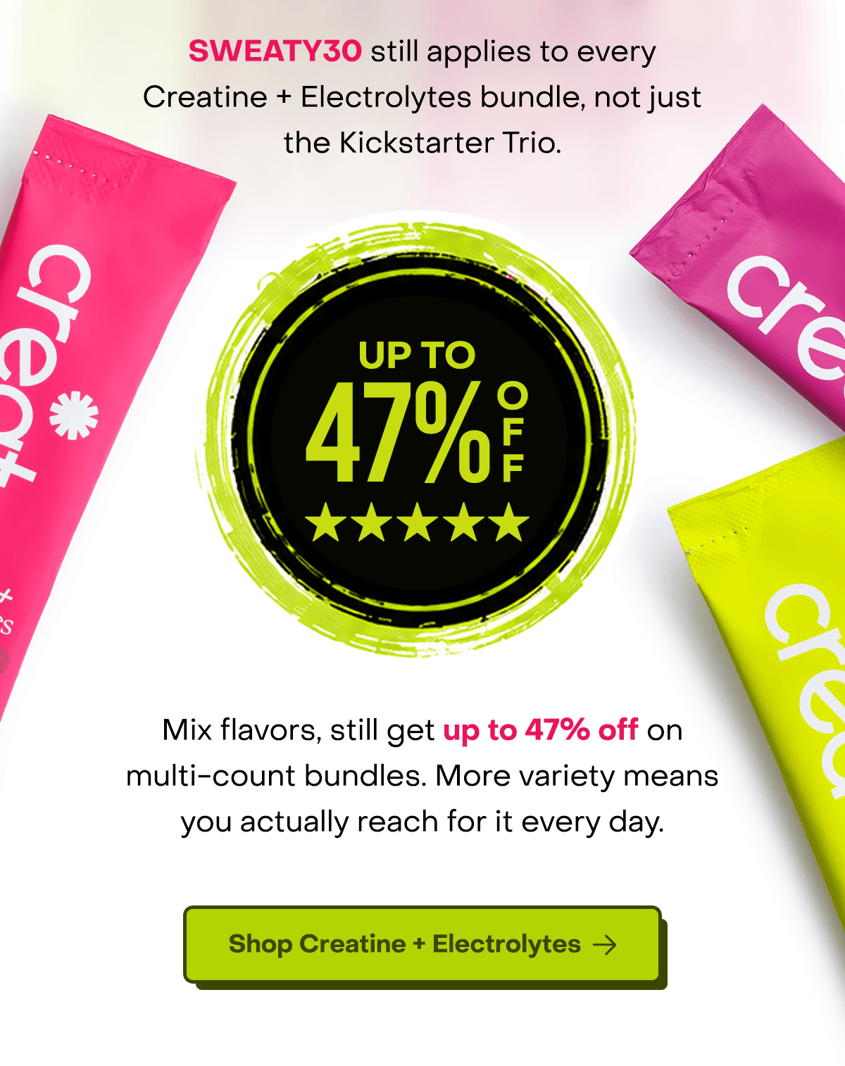 SWEATY30 still applies to every Creatine + Electrolytes bundle, not just the Kickstarter Trio. Mix flavors, still get up to 47% off on multi-count bundles. More variety means you actually reach for it every day. 