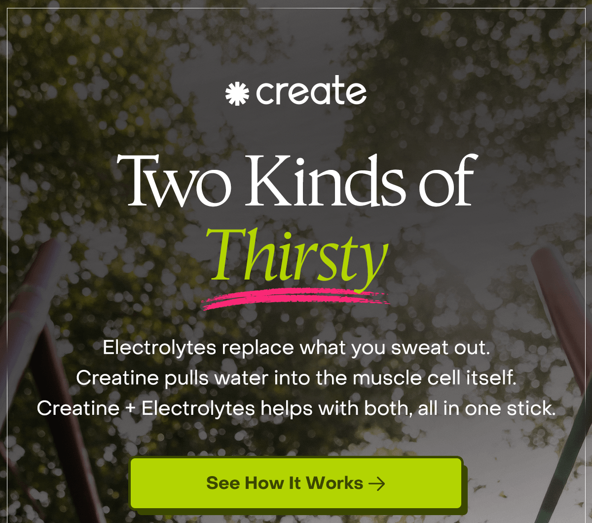 Two kinds of thirty. Electrolytes replace what you sweat out. Creatine pulls water into the muscle cell itself. Creatine + Electrolytes helps with both, all in one stick. 
