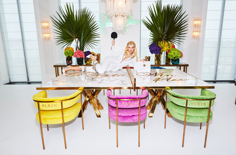 White Curved Velvet Dining Chair | Philipp Plein Monogram