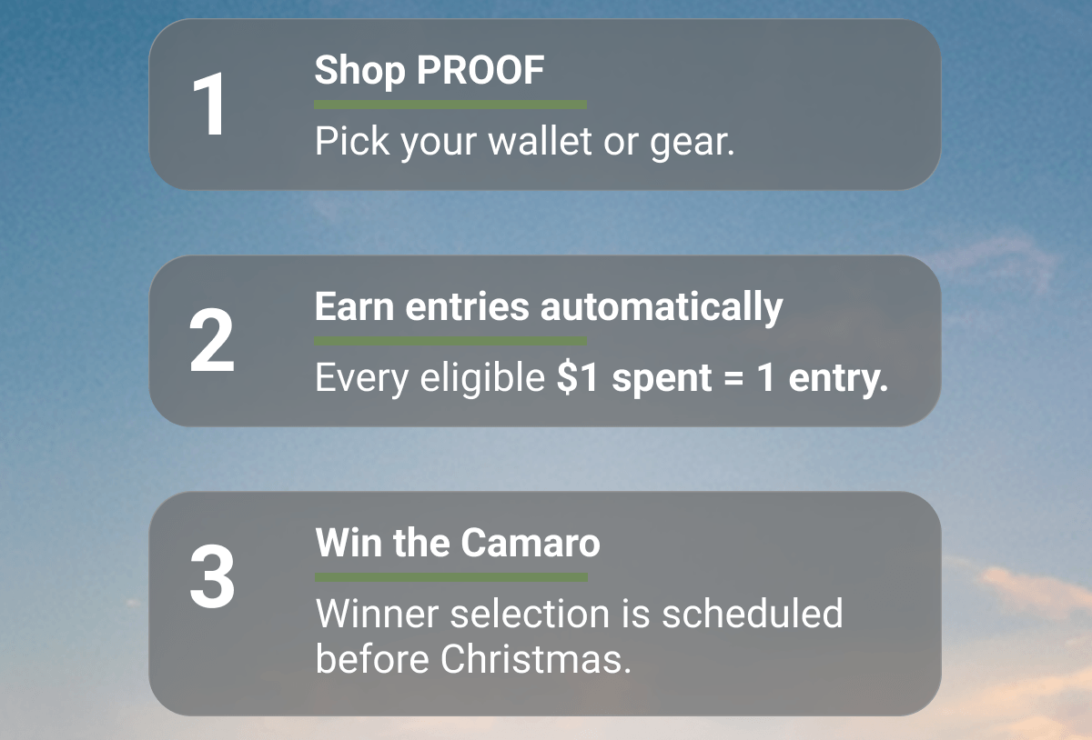 1 Shop PROOF / 2 Earn entries automatically / 3 Win the Camaro
