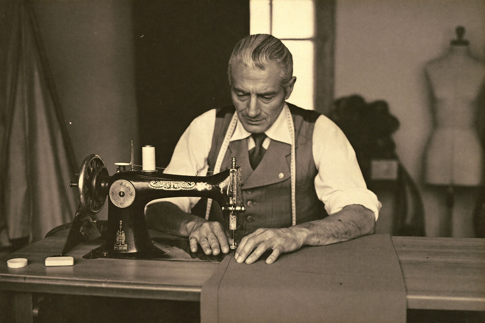 Luis Medina Cabrera, sastre fundador, cosiendo en su taller en 1962