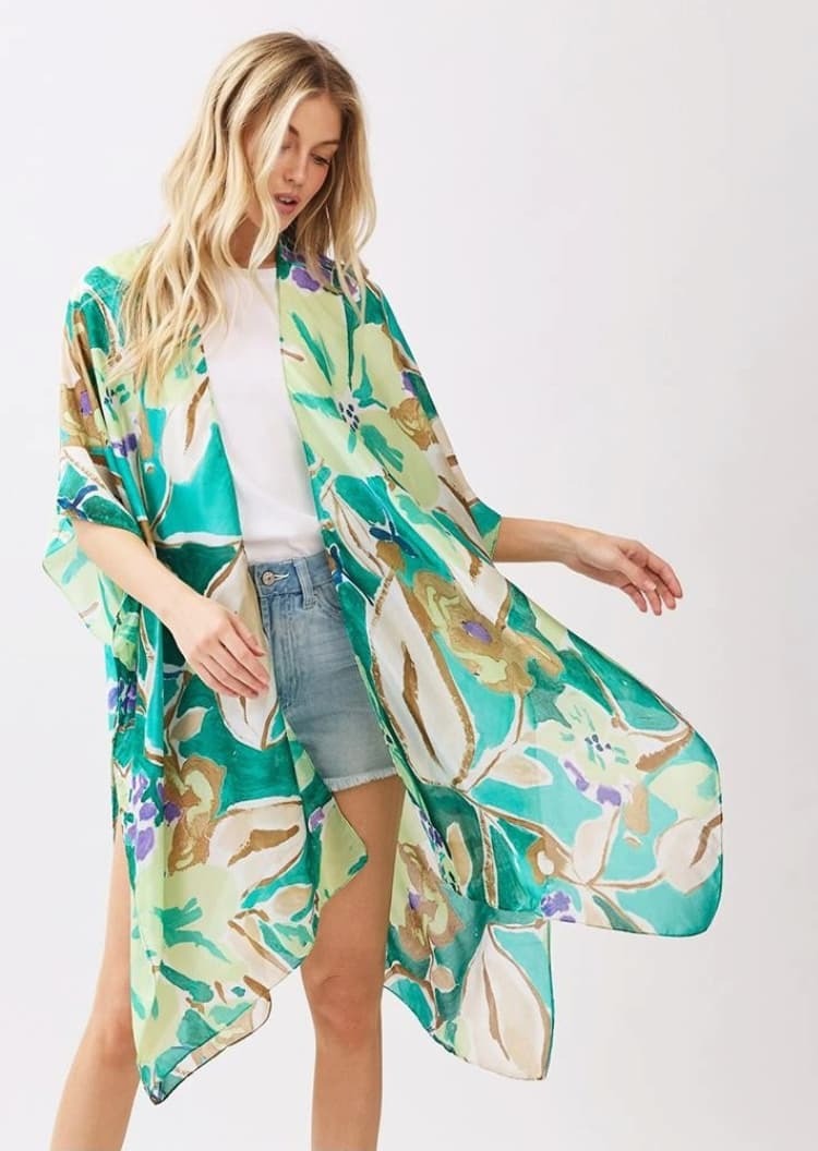 Model wearing a floral kimono