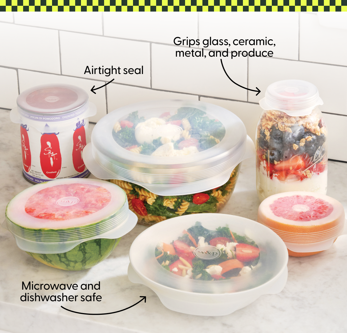 Airtight seal, grips glass, ceramic, metal and produce, microwave and dishwasher safe