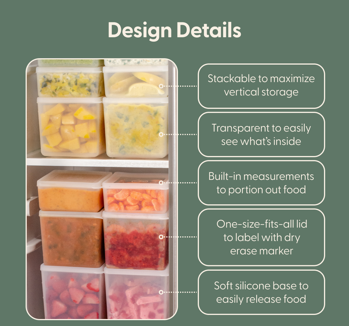 Design Details Stackable to maximize vertical storage Transparent to easily see what's inside Built-in measurements to portion out food One-size-fits-all lid to label with dry erase marker Soft silicone base to easily release food