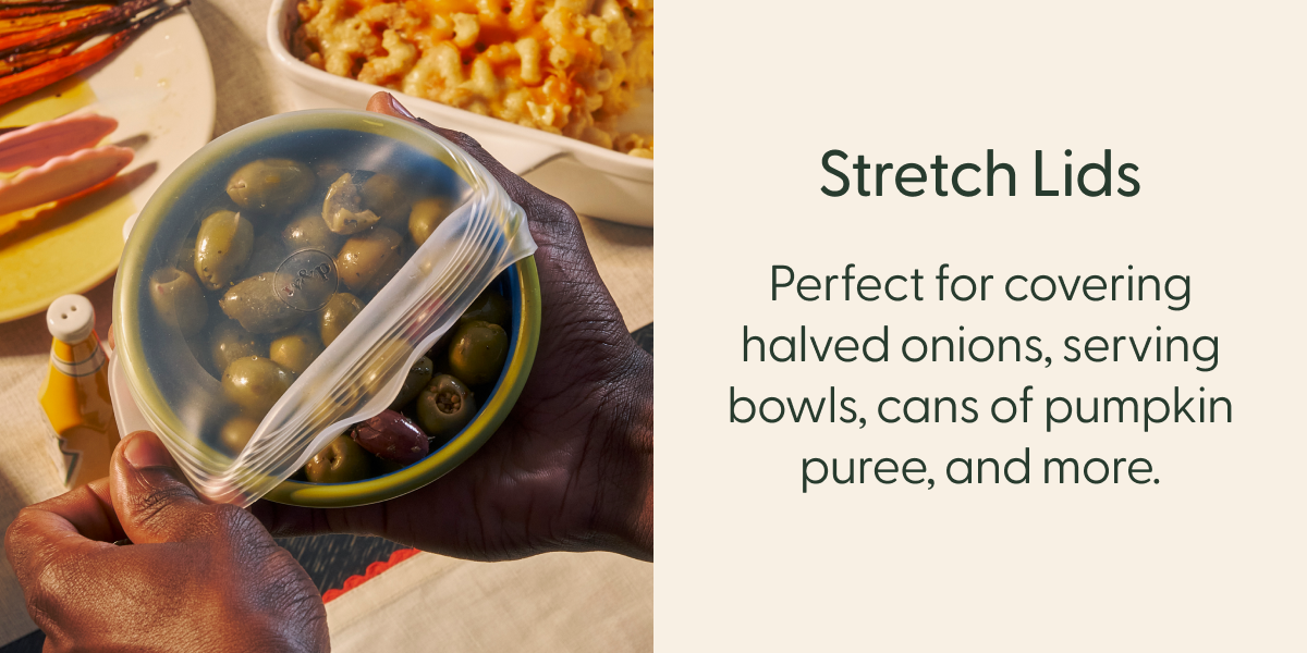 Stretch Lids Perfect for covering halved onions, serving bowls, cans of pumpkin puree, and more.