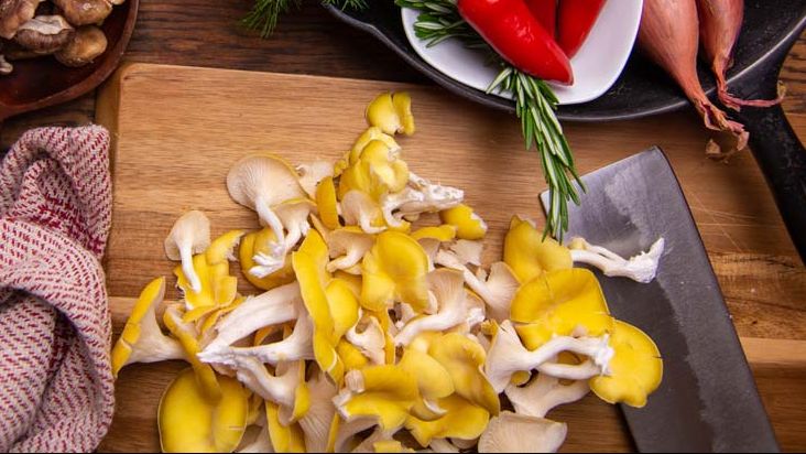 Chopped yellow oysters on a cutting board
