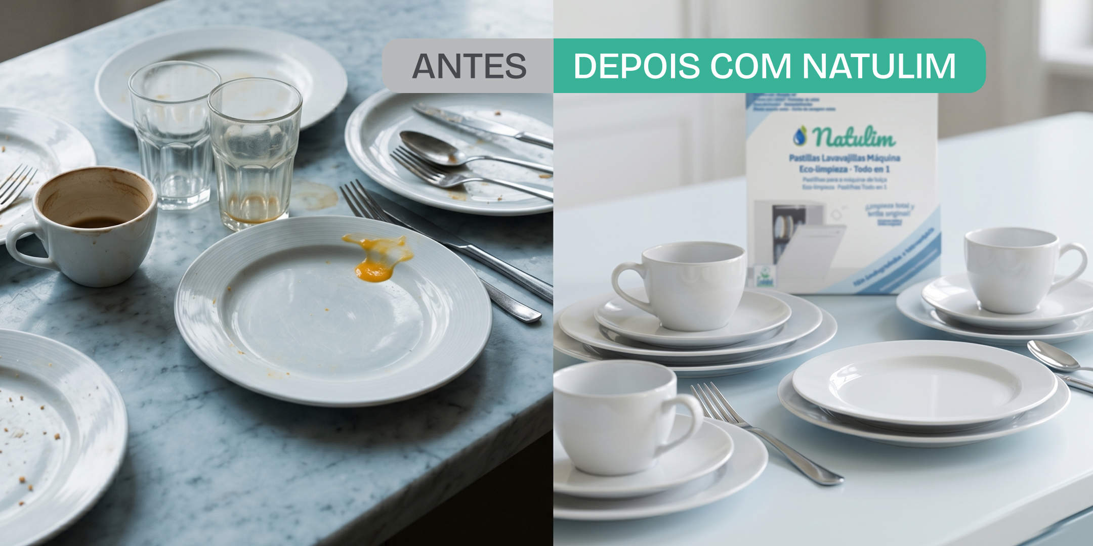 Antes e depois com Natulim — loiça suja vs loiça impecável