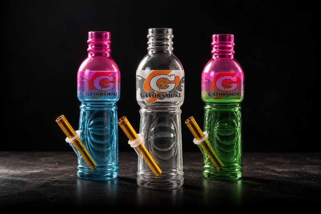 Gator Smoke glass bongs 
in clear, pink and blue, and pink and green