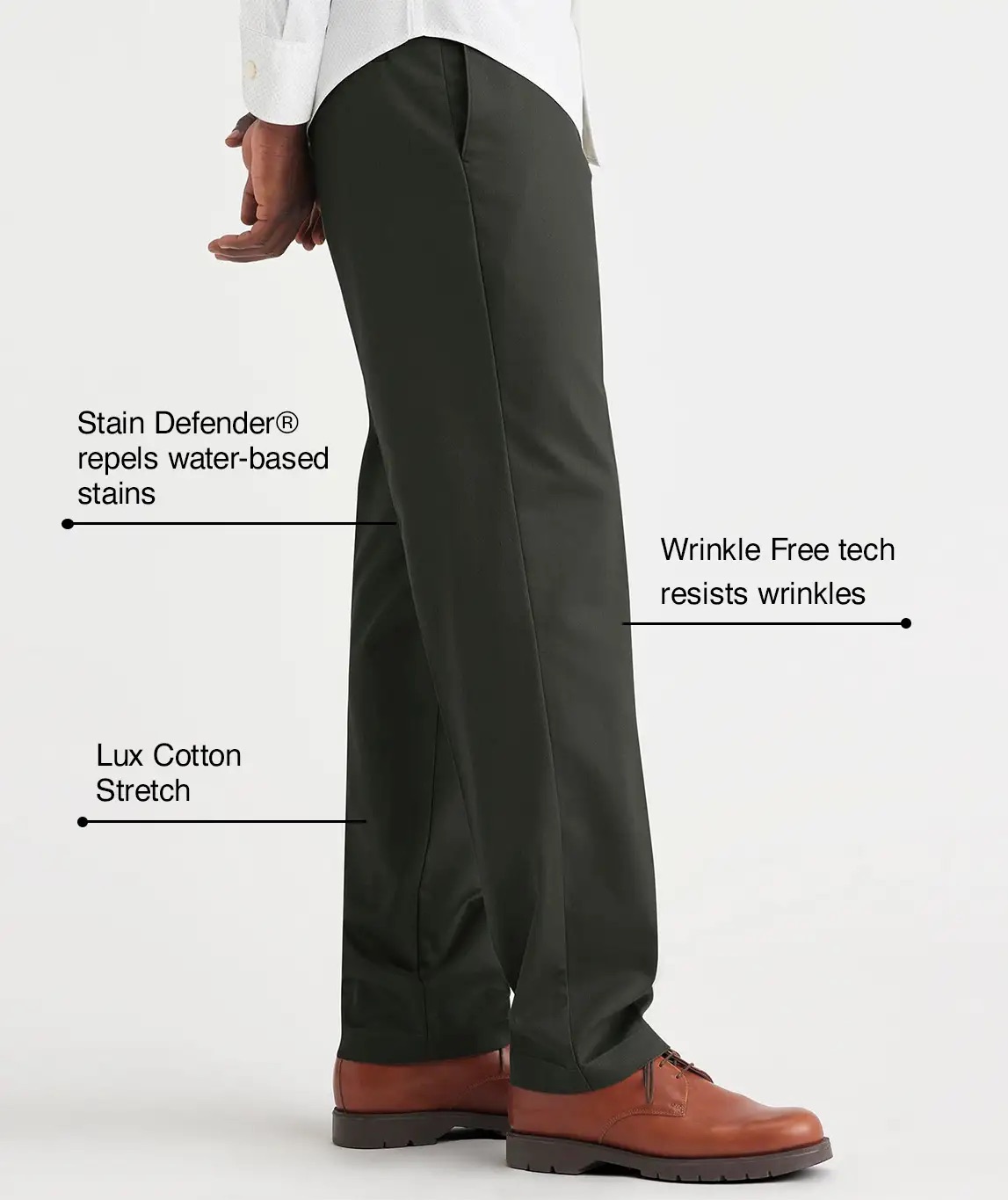 Stain Defender® repels water-based stains Wrinkle Free tech resists wrinkles Lux Cotton Stretch