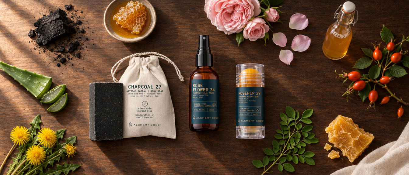 The Clear Skin Ritual on the bench: the charcoal bar, the rose toner and the facial balm among honeycomb, roses, aloe, dandelion, rosehips and beeswax