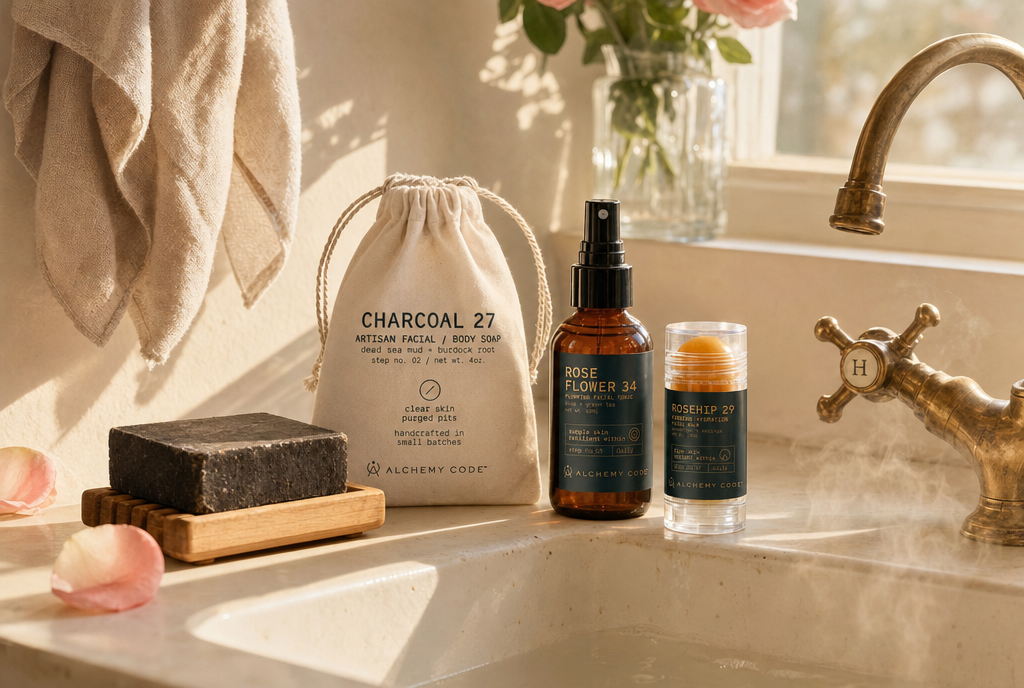 The Clear Skin Ritual: the charcoal bar, the rose toner and the facial balm on the edge of a morning sink