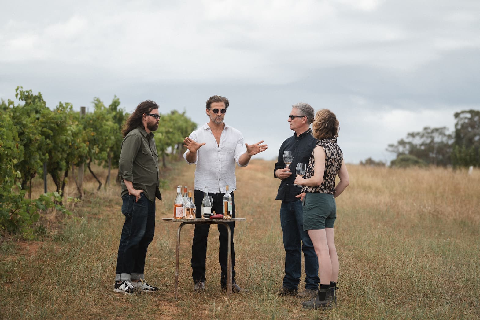 The team tasting through the current blends in the vineyard