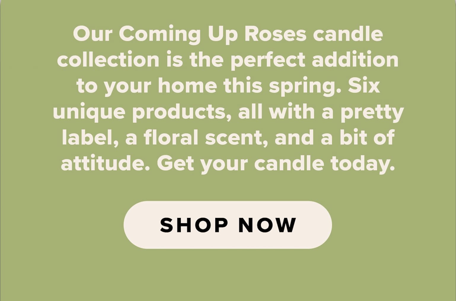 Our Coming Up Roses candle collection is the perfect addition to your home this spring. Six unique products, all with a pretty label, a floral scent, and a bit of attitude. Get your candle today. Shop now.