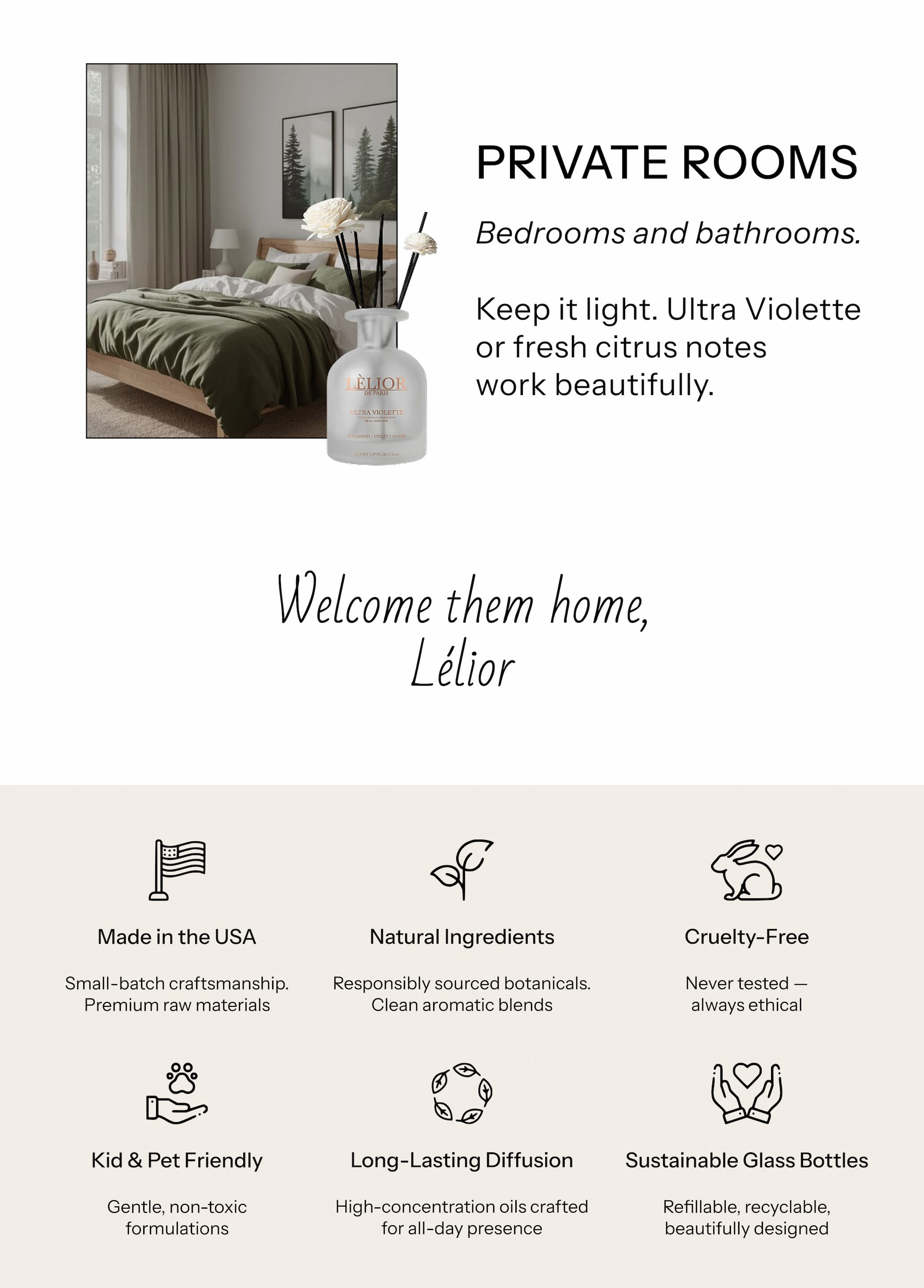 PRIVATE ROOMS Bedrooms and bathrooms. Keep it light. Ultra Violette or fresh citrus notes work beautifully.