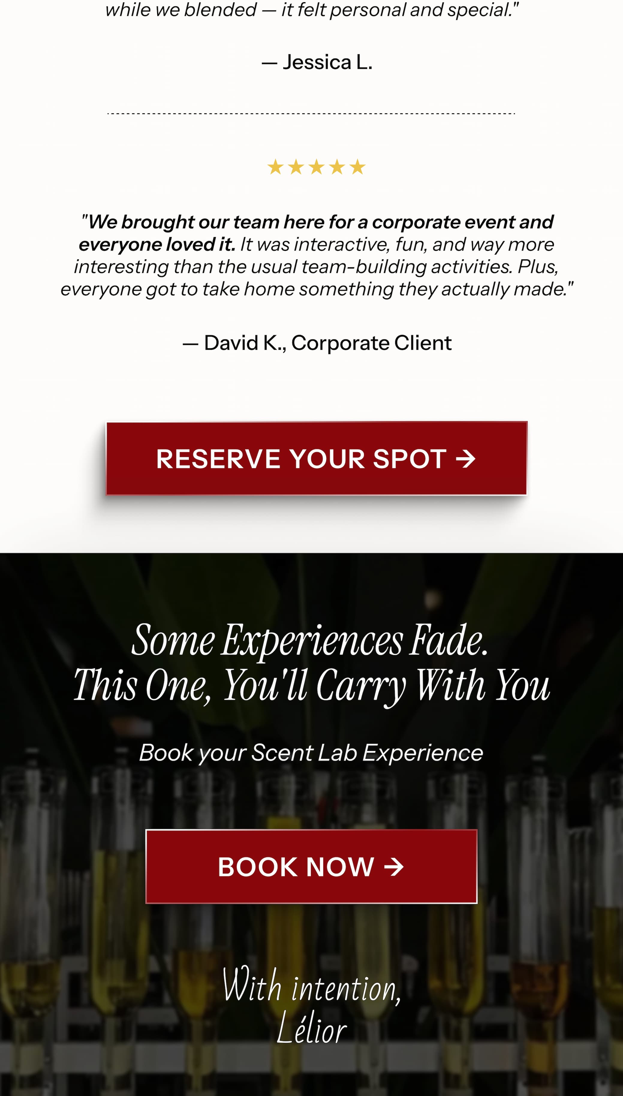 Some moments deserve more than dinner and drinks. At the Lelior Scent Lab, you step into our Miami workshop and create something uniquely yours — a custom fragrance, crafted by hand, guided by experts, surrounded by the people who matter.