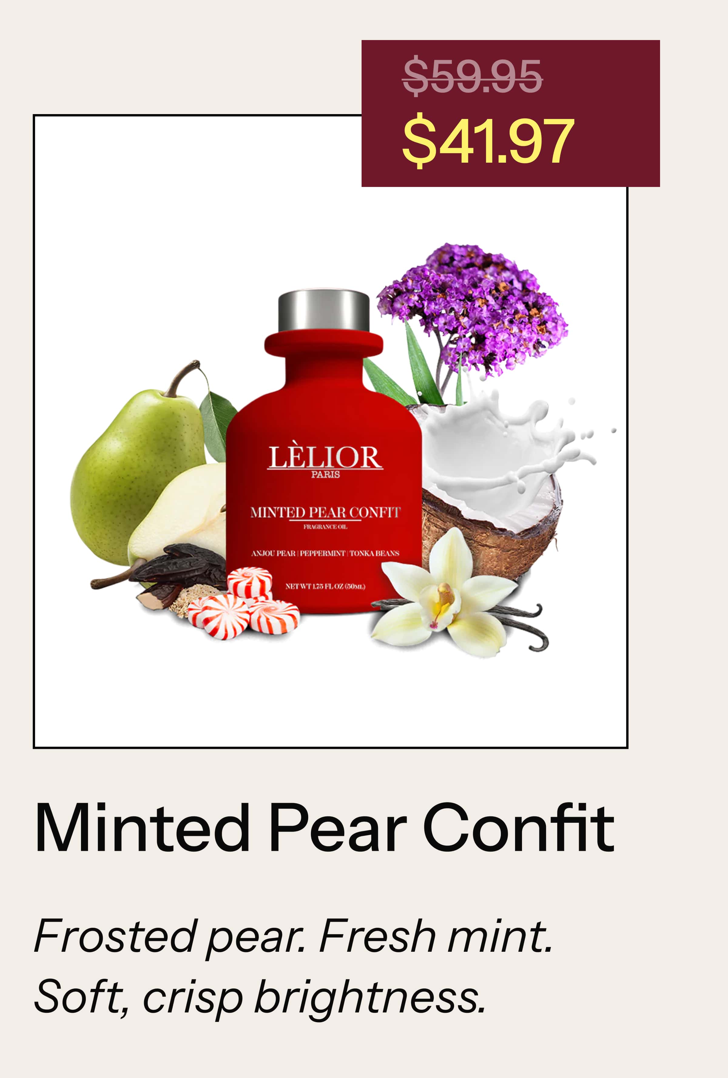 Minted Pear Confit Frosted pear • Fresh mint Crisp brightness with a refined, modern finish.