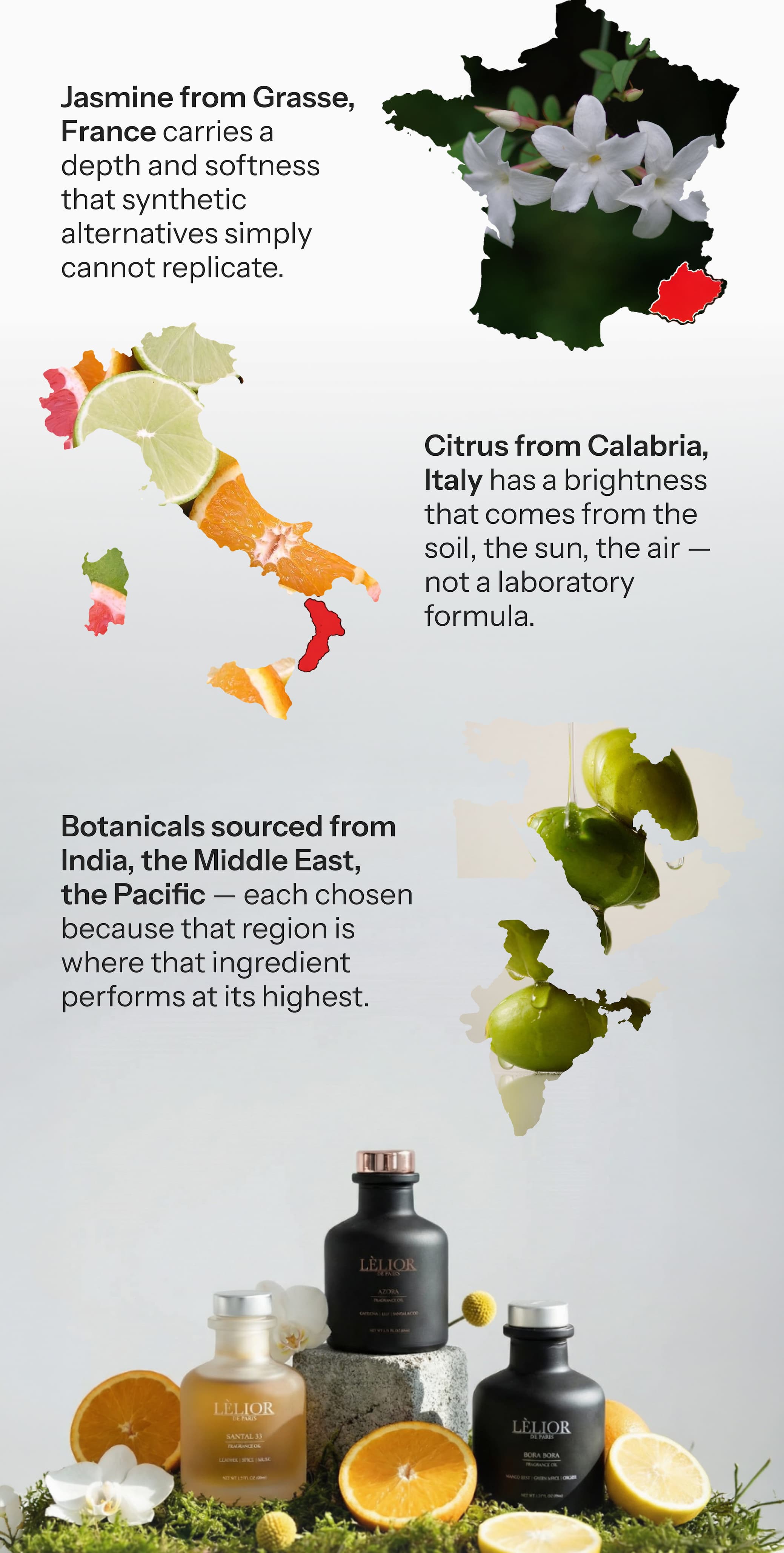 Not all regions are equal. Jasmine from Grasse, France carries a depth and softness that synthetic alternatives simply cannot replicate. Citrus from Calabria, Italy has a brightness that comes from the soil, the sun, the air — not a laboratory formula. Botanicals sourced from India, the Middle East, the Pacific — each chosen because that region is where that ingredient performs at its highest.
