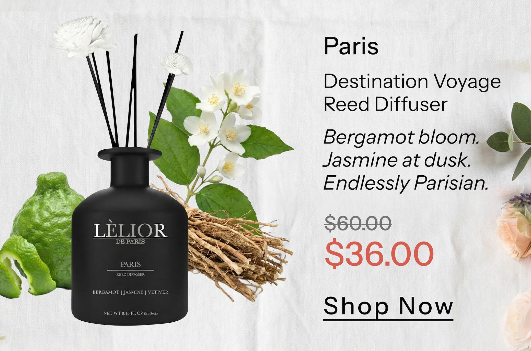 Destination Voyage Reed Diffuser Bergamot bloom. Jasmine at dusk. Endlessly Parisian.