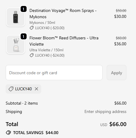 Refresh your space. 40% off room sprays + reed diffusers. Code: LUCKY40