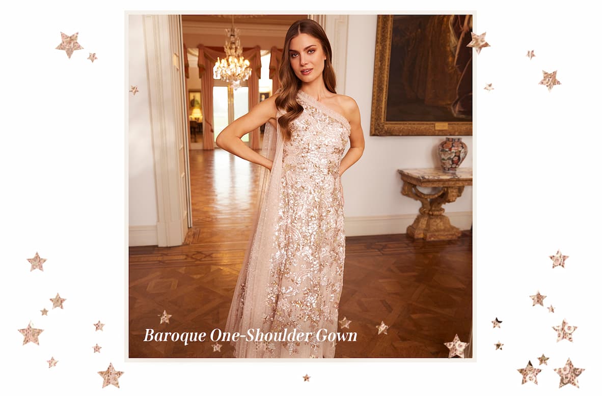 Baroque Floral One-Shoulder Bow Ankle Gown