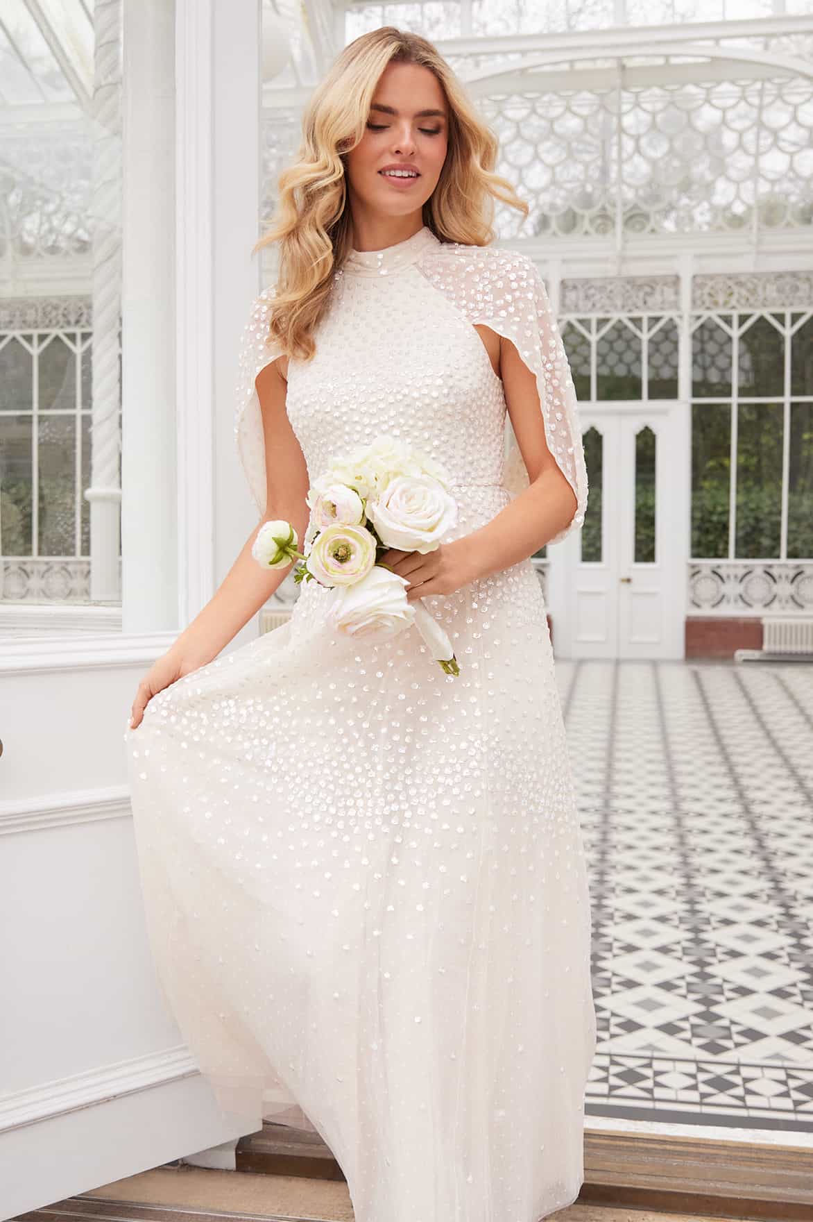 Scallop Sequin Cape Gown