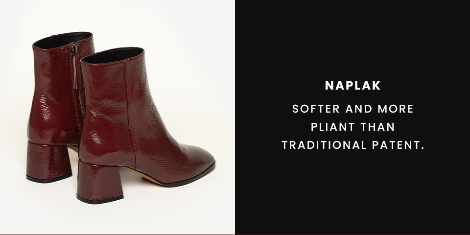 Naplak - Softer and more pliant than traditional patent. 