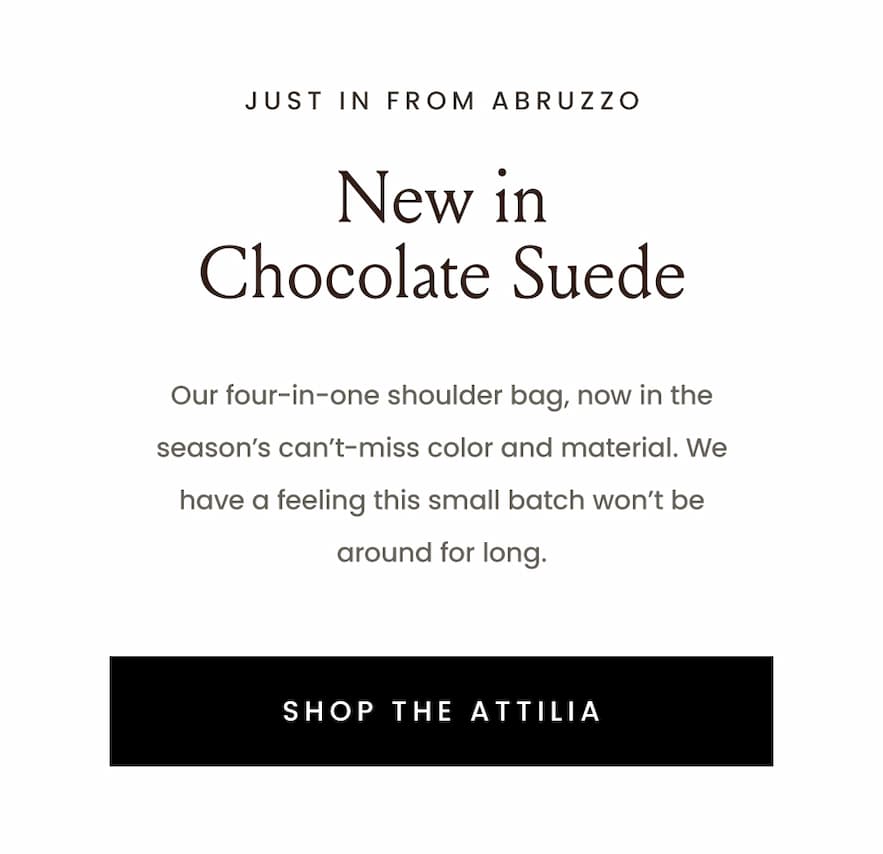 —Just in from Abruzzo—  New in Chocolate Suede  Our four-in-one shoulder bag, now in the season’s can’t-miss color and material. We have a feeling this small batch won’t be around for long.   < Shop The Attilia > 