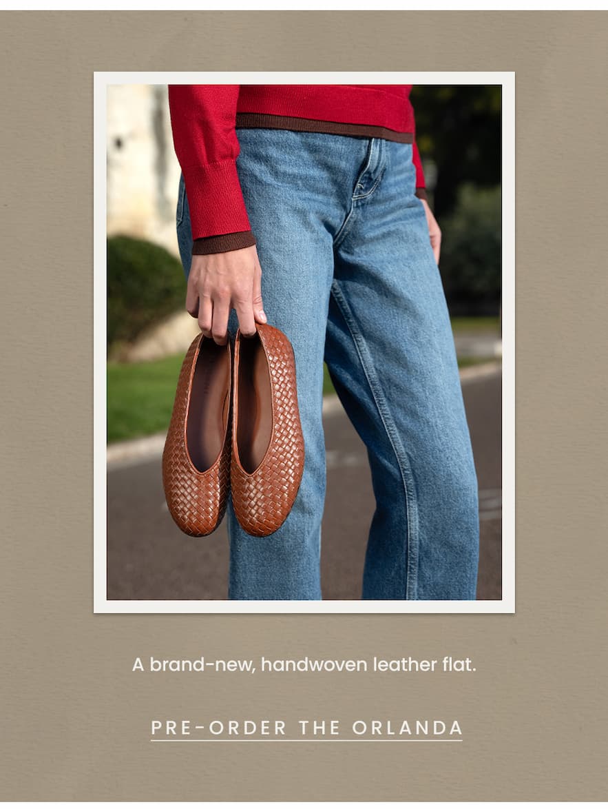 A brand-new, handwoven leather flat.  < Pre-Order The Orlanda > 