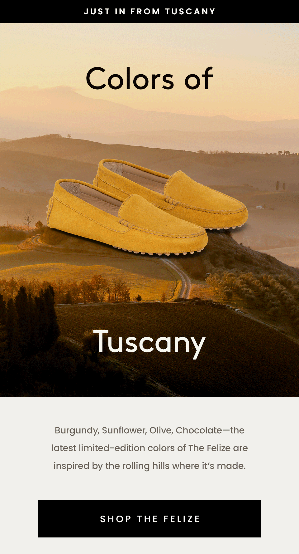 —Just In From Tuscany—  Colors of Tuscany  Burgundy, Sunflower, Olive, Chocolate—the latest limited-edition colors of The Felize are inspired by the rolling hills where it’s made.  < Shop The Felize > 