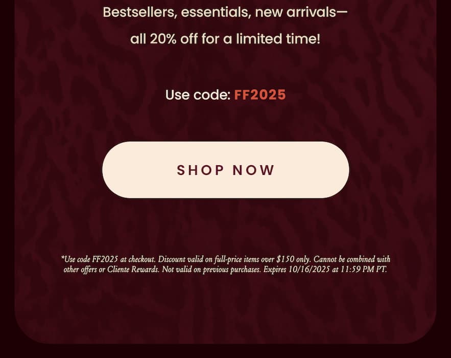 Use code: FF2025  Bestsellers, essentials, new arrivals—all 20% off for a limited time!  < Shop Now > 