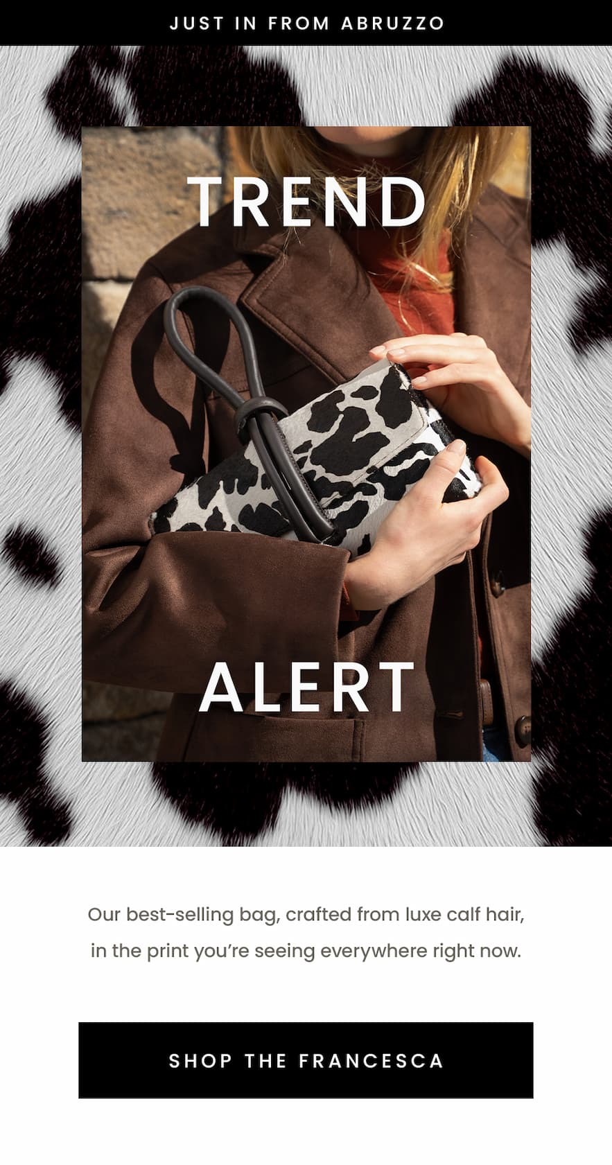 —Just in from Abruzzo—  Trend Alert  Our best-selling bag, crafted from luxe calf hair in the print you’re seeing everywhere right now.   < Shop The Francesca > 