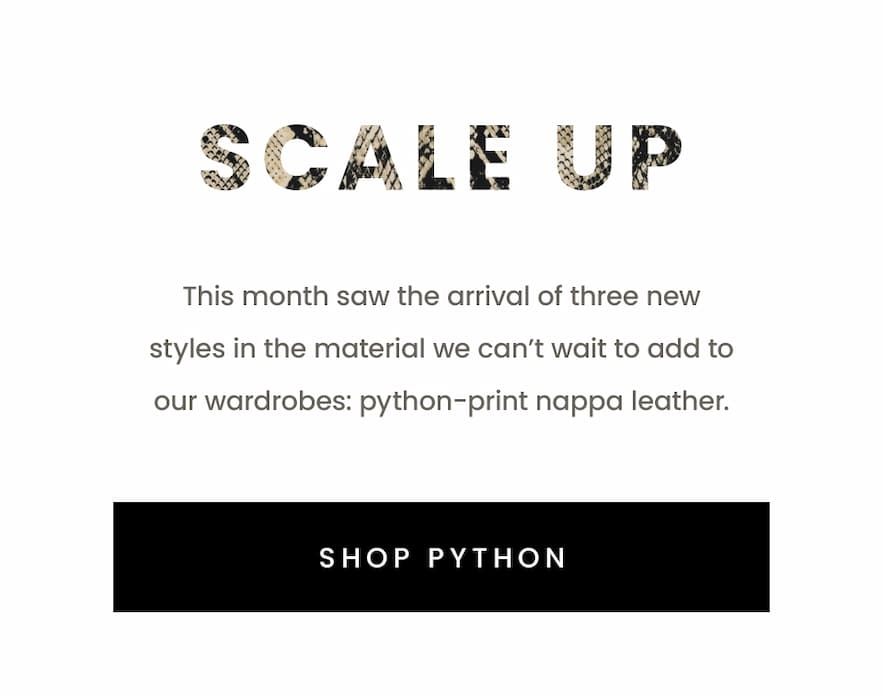 Scale Up  This month saw the arrival of three new styles in the material we can’t wait to add to our wardrobes: python-print nappa leather.   < Shop Python > 