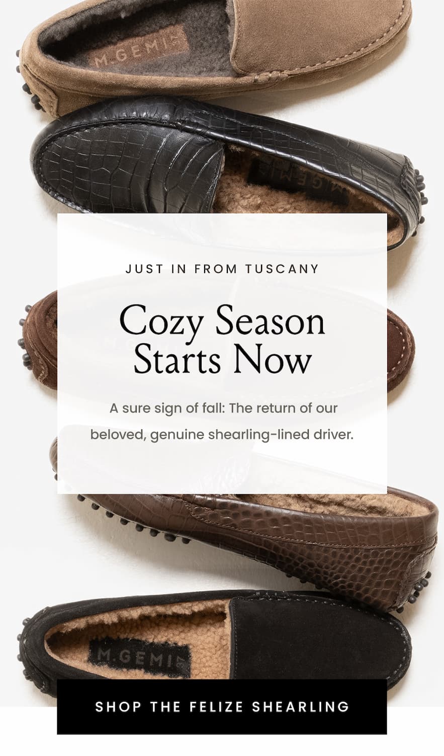 —Just in from Tuscany—  Cozy Season Starts Now   A sure sign of fall: The return of our beloved, genuine shearling-lined driver.