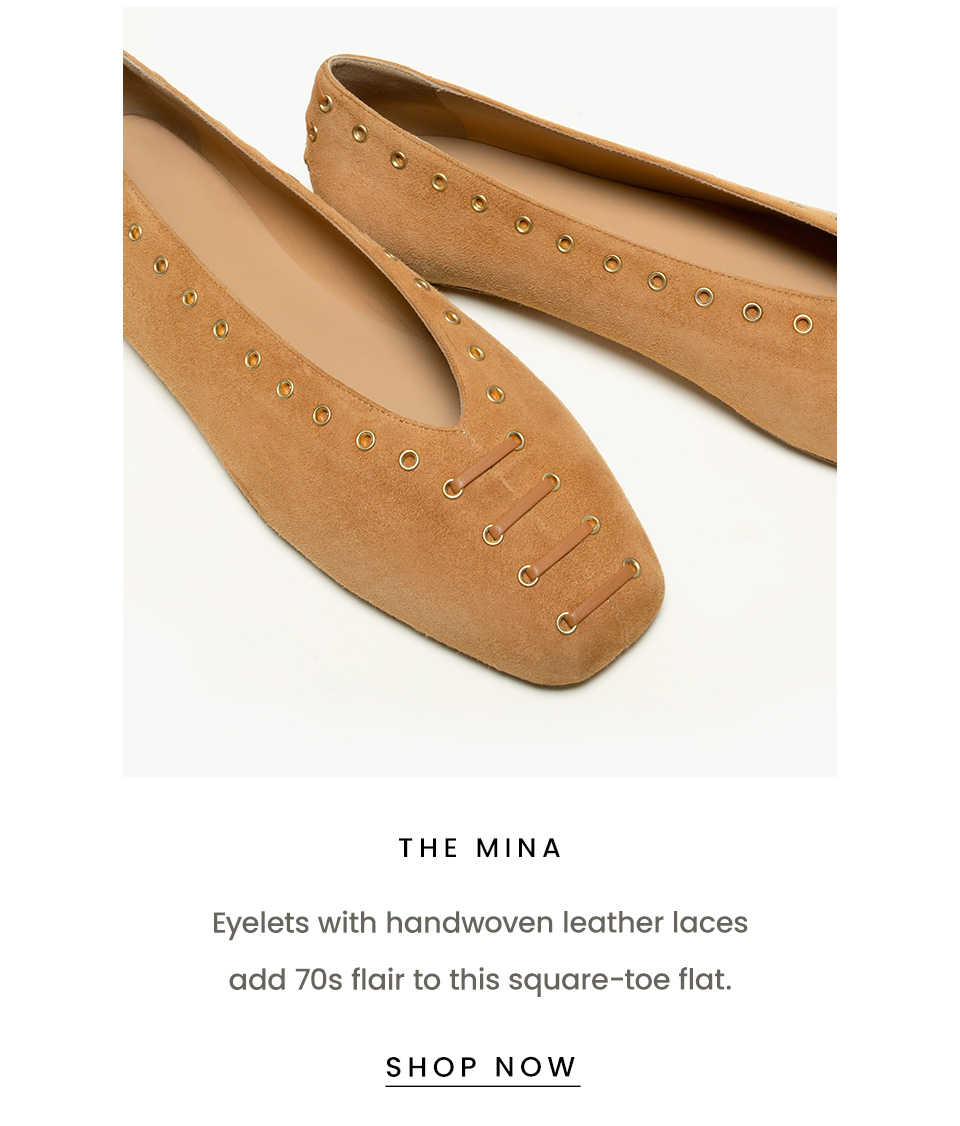 The Mina  Eyelets with handwoven leather laces add 70s flair to this square-toe flat.    < Shop Now > 