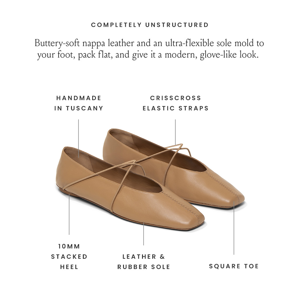 Completely Unstructured, Buttery-soft nappa leather and an ultra-flexible sole mold to your foot, pack flat, and give it a modern, glove-like look. Handmade in Tuscany, Crisscross elastic straps, 10mm stacked heel, Leather and rubber sole, Square Toe