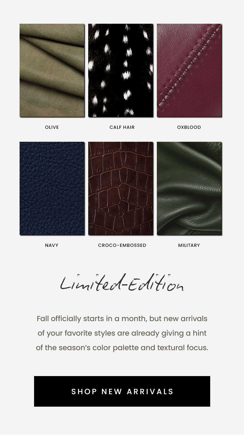Limited-Edition, Fall officially starts in a month, but new arrivals of your favorite styles are already giving a hint of the season’s color palette and textural focus. < Shop New Arrivals > 