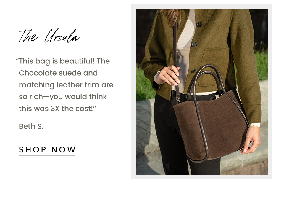 The Ursula | “This bag is beautiful! The Chocolate suede and matching leather trim are so rich—you would think this was 3X the cost!” - Beth S.  < Shop Now > 