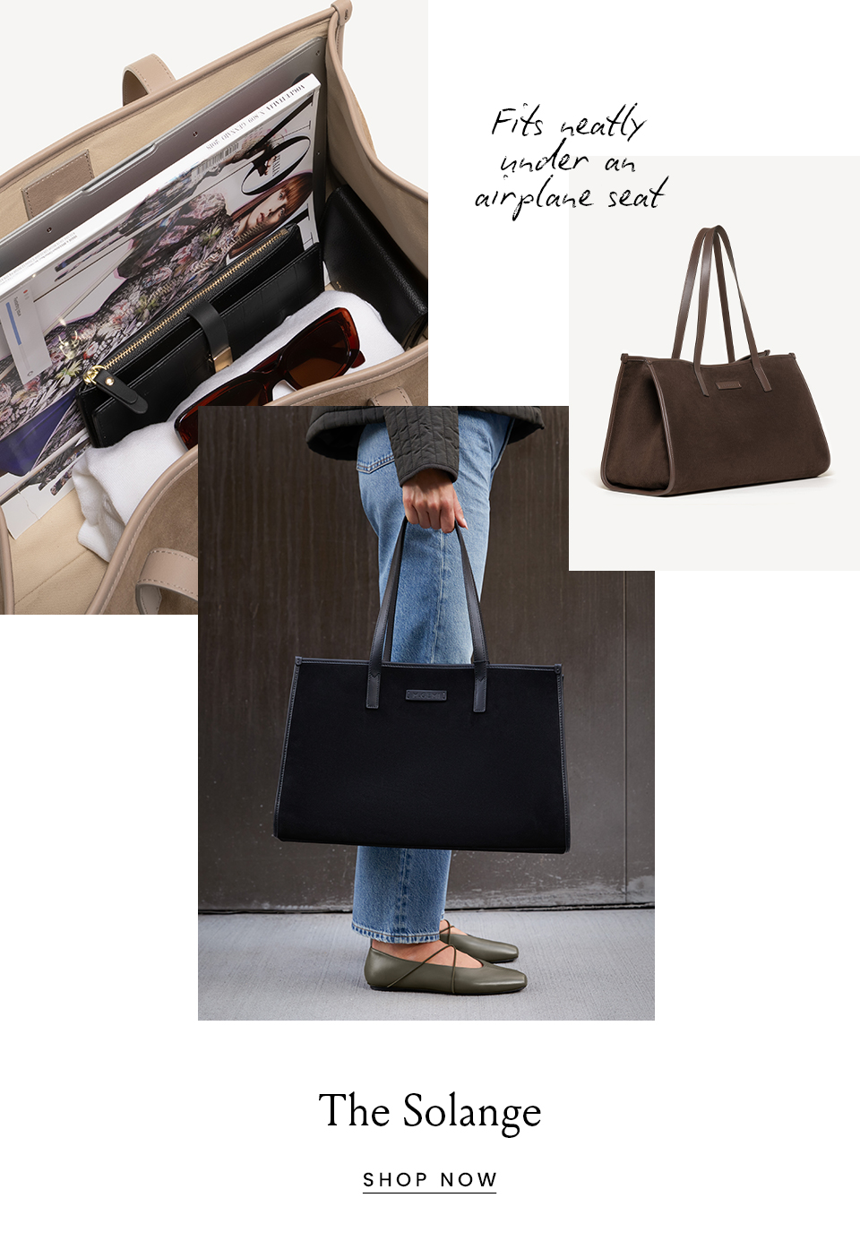 Fits neatly under an airplane seat. (maybe these are the handwritten font sydney mentioned testing more of?)  < Shop The Solange > 