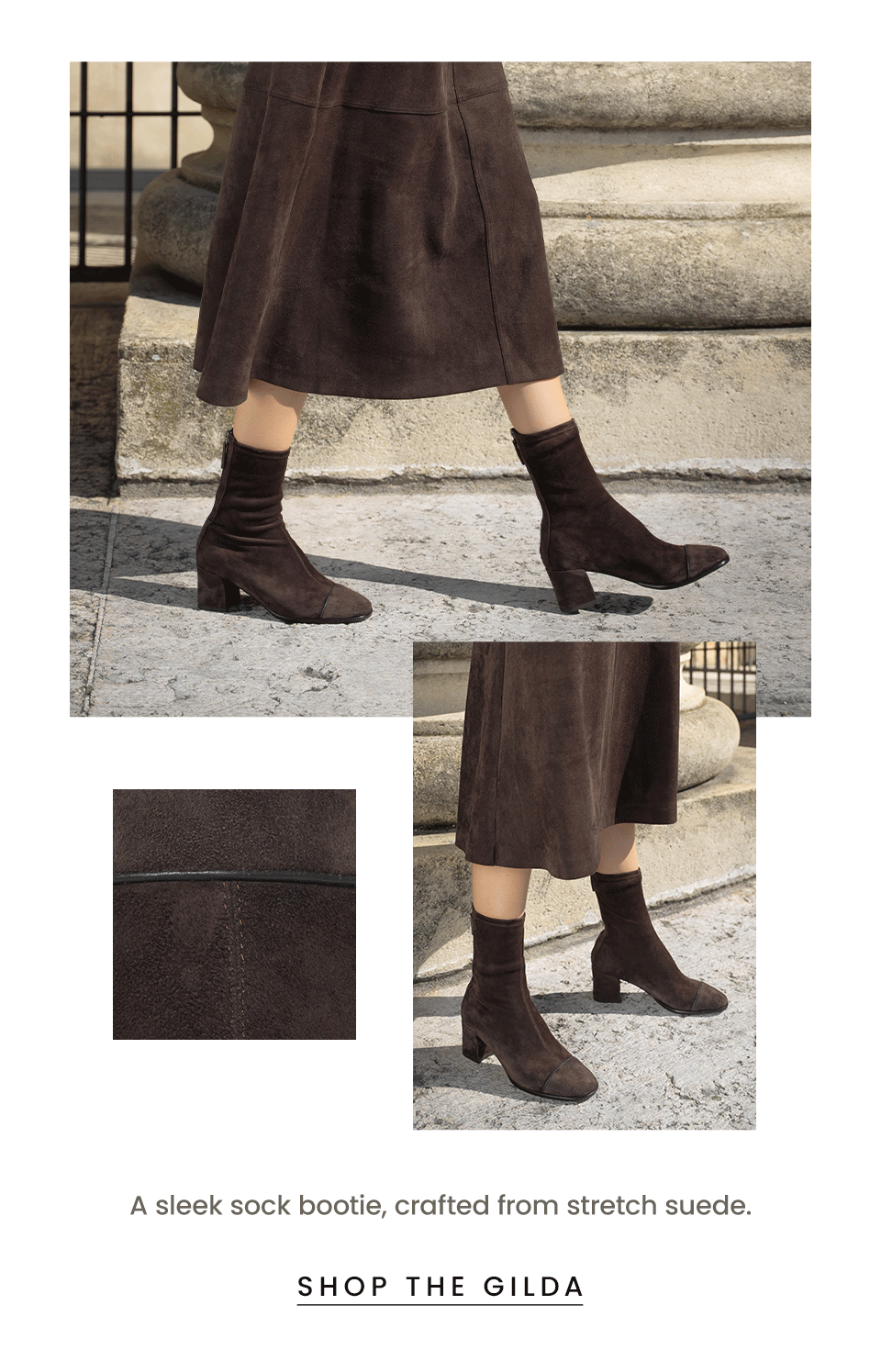 A sleek sock bootie, crafted from stretch suede. < Shop The Gilda > 