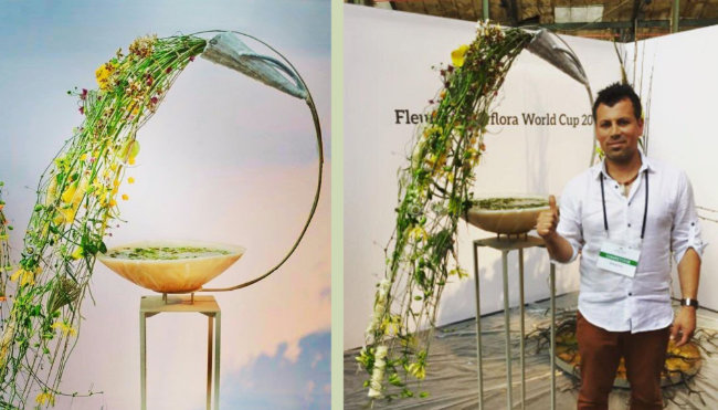 Memhet Yilmaz and his hanging hand tied bouquet for the 2015 Fleurop-Interflora World Cup.