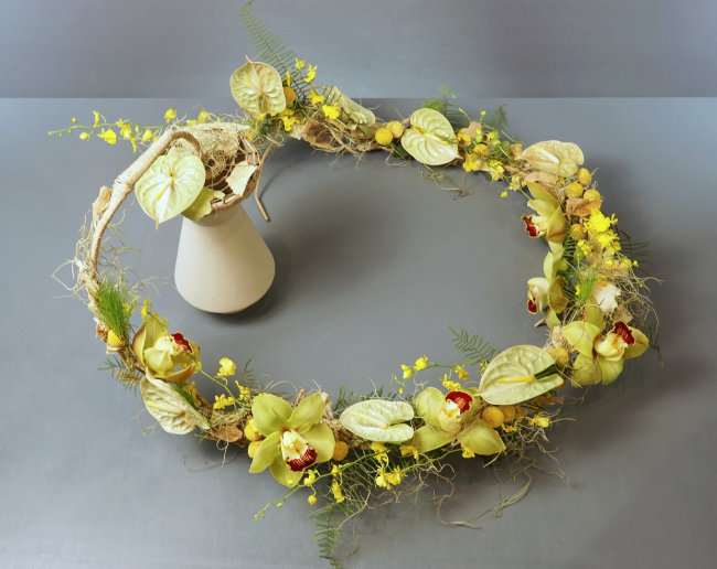 Displacement design by Gregor Lersch with Anthuriums and Cymbidium Orchids.