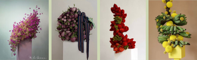 an image of a series of four photographs of flowers and fruit
