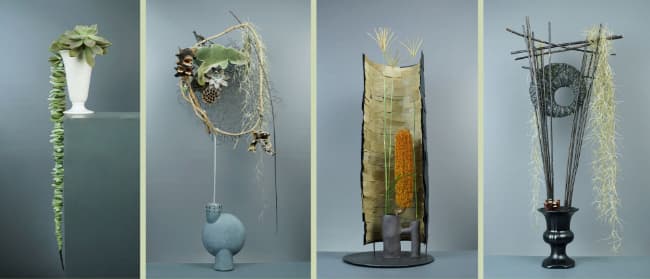 Four floral designs created with reduced material quantity and/or variety.