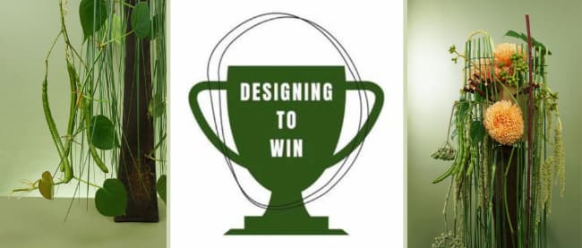 Collage of floral design details and the Designing to Win logo